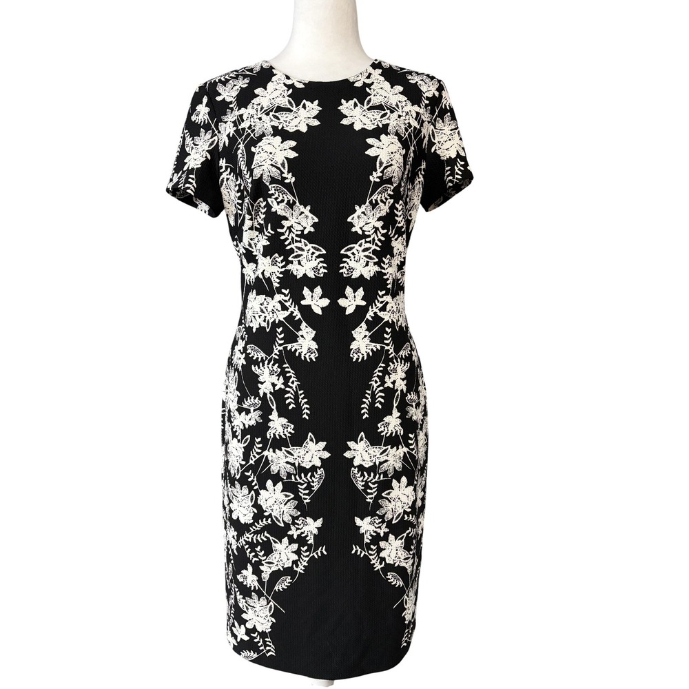 Karl Lagerfeld Paris Dress Womens 6 Black Floral Knit‎ Sheath Short Sleeve